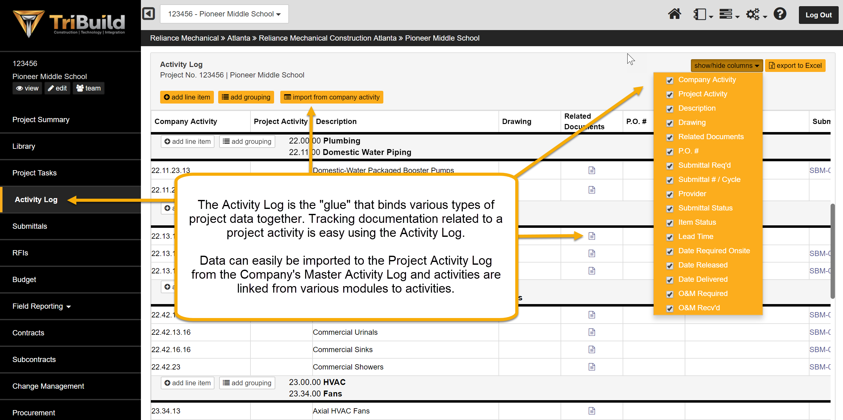 TriBuild Construction Management activity log screenshot.