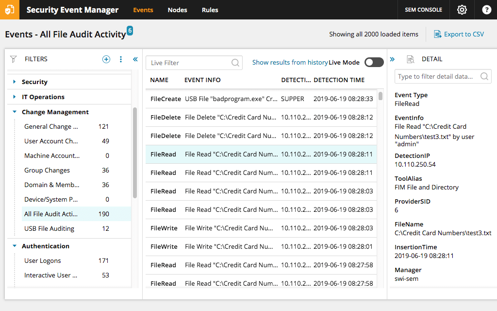 Security Event Manager file integrity monitoring screenshot