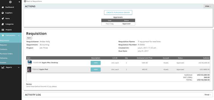 Tradogram screenshot: Requisitions - internal orders that help communicate purchase requests