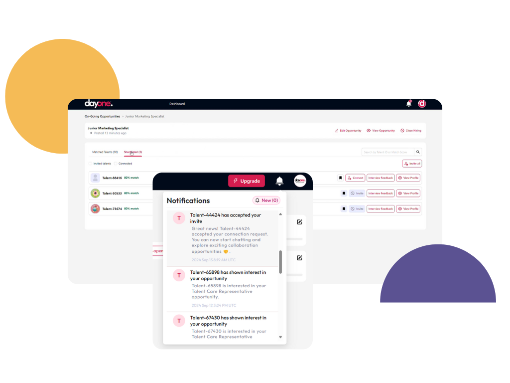 Day One screenshot: Say goodbye to hours of sifting! As soon as you upload your opportunity, you will be matched with verified, skilled talent who have been assessed through our platform. Simply complete your company profile, add in an opportunity and be instantly matched.