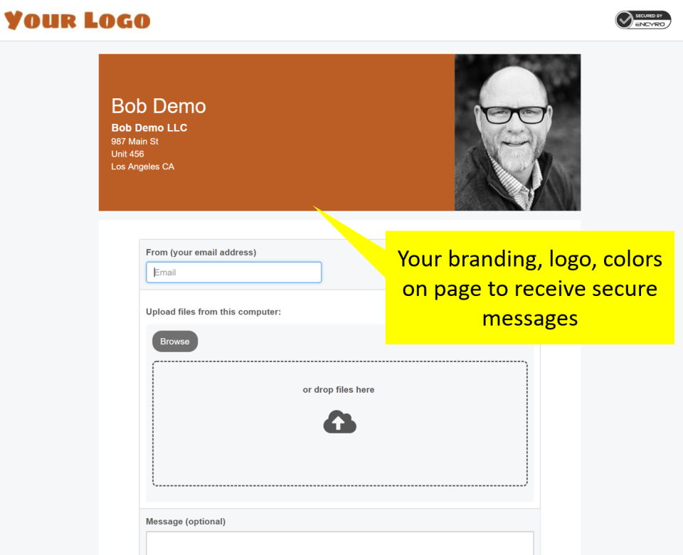 Encyro screenshot: Your custom branding shows on upload page, e-sign page, and in email notifications.