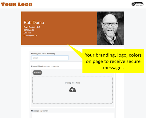 Encyro screenshot: Your custom branding shows on upload page, e-sign page, and in email notifications.