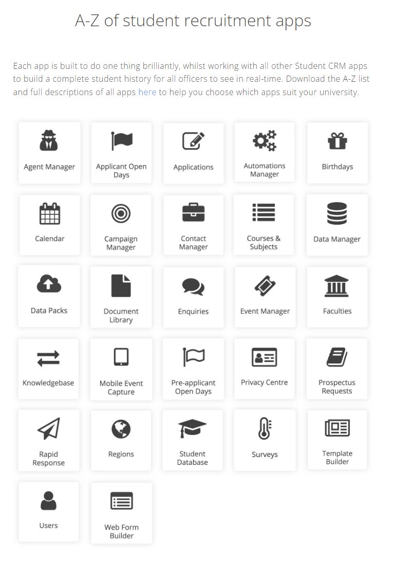 A list of all of the applications available when subscribing to Student CRM