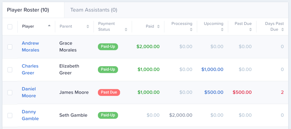 Groundwork Software - Payments can be tracked by entire team or individual players