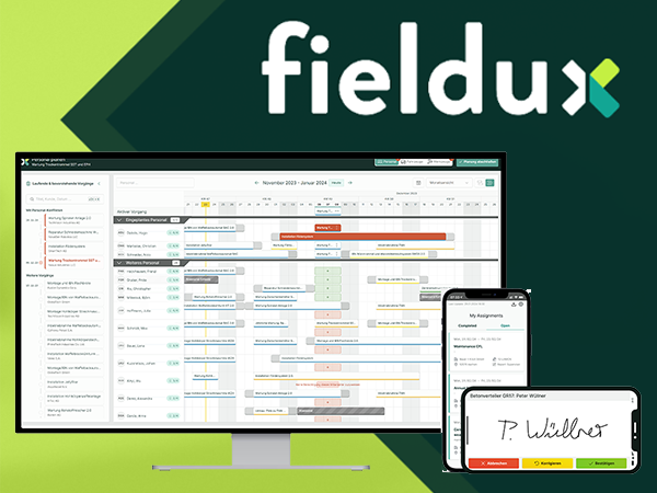 fieldux screenshot: Darstellung der FSM-Software auf verschiedenen Geräten: Desktop mit Planungstafel und Smartphones mit Funktionen wie Dokumentenmanagement und digitaler Unterschrift.