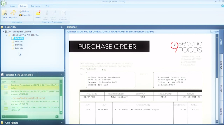 OnBase screenshot: OnBase purchase order