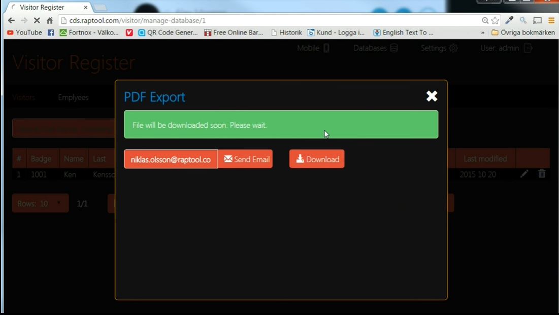 Raptool Visitor Management screenshot: Raptool Visitor Management file export