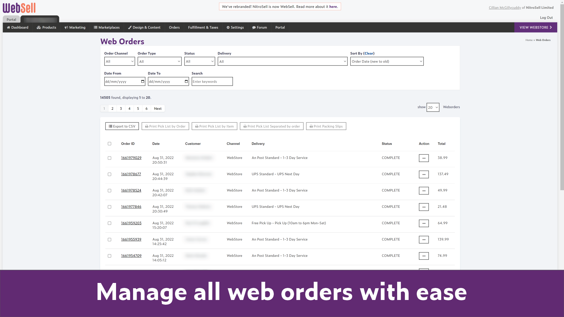 WebSell screenshot: Manage online orders with ease through the WebSell e-commerce platform. Print pick lists and packing slips to make your team's life easier.