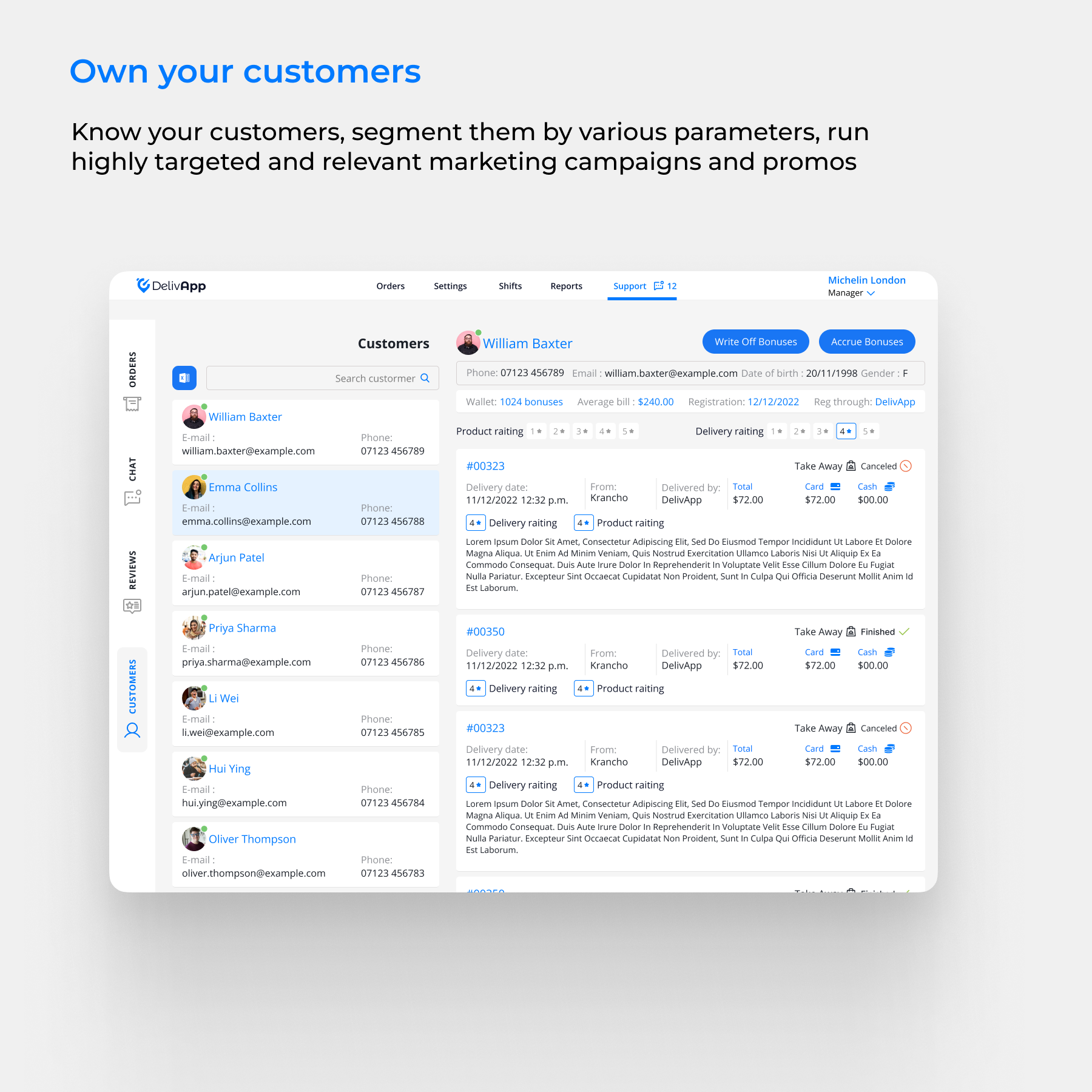 DelivApp Online Ordering customer profiles
