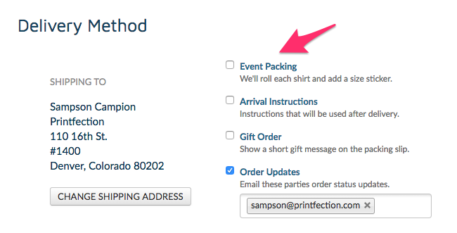 Printfection screenshot: Choose from many different shipping options when distributing your swag