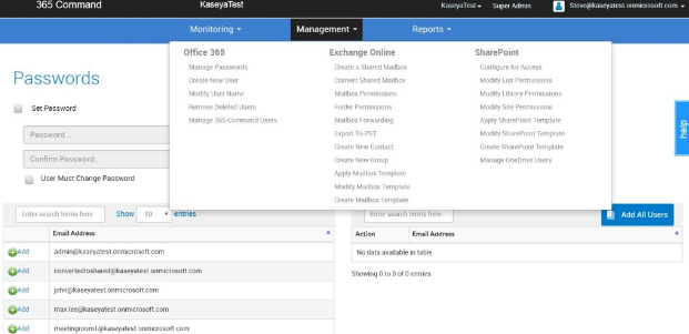 Users can manage Office 365, Exchange Online and SharePoint from a single location
