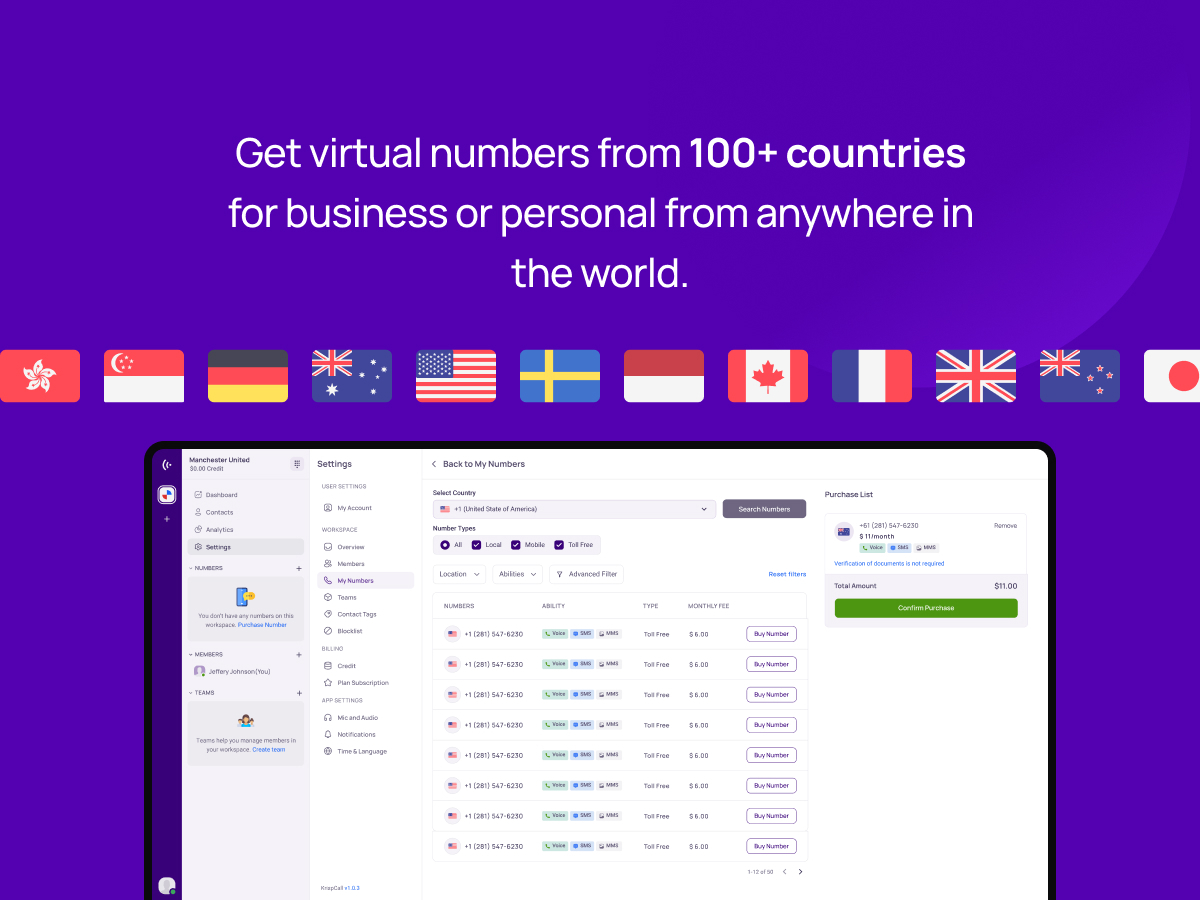 Get virtual numbers from 100+ countries for business or personal from anywhere in the world.