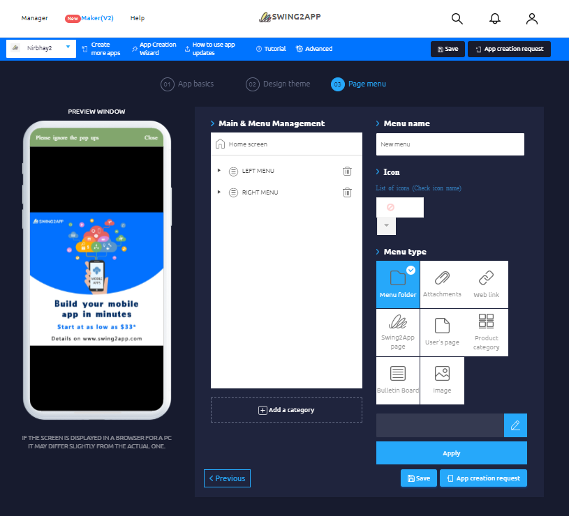 Swing2App designing menu
