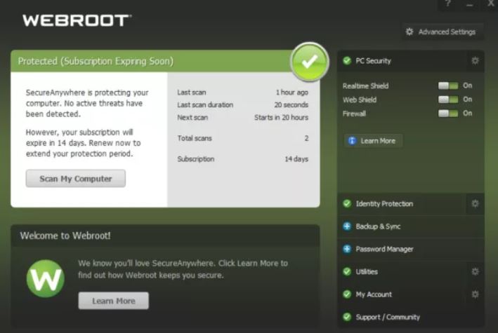 Webroot SecureAnywhere screenshot: Webroot SecureAnywhere scan computer
