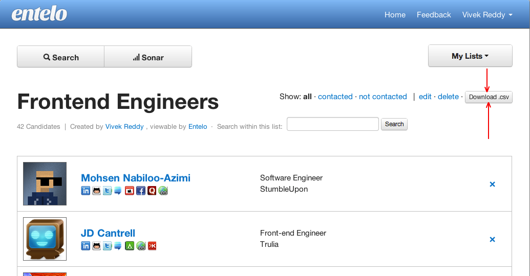 Entelo screenshot: Entelo Candidate export
