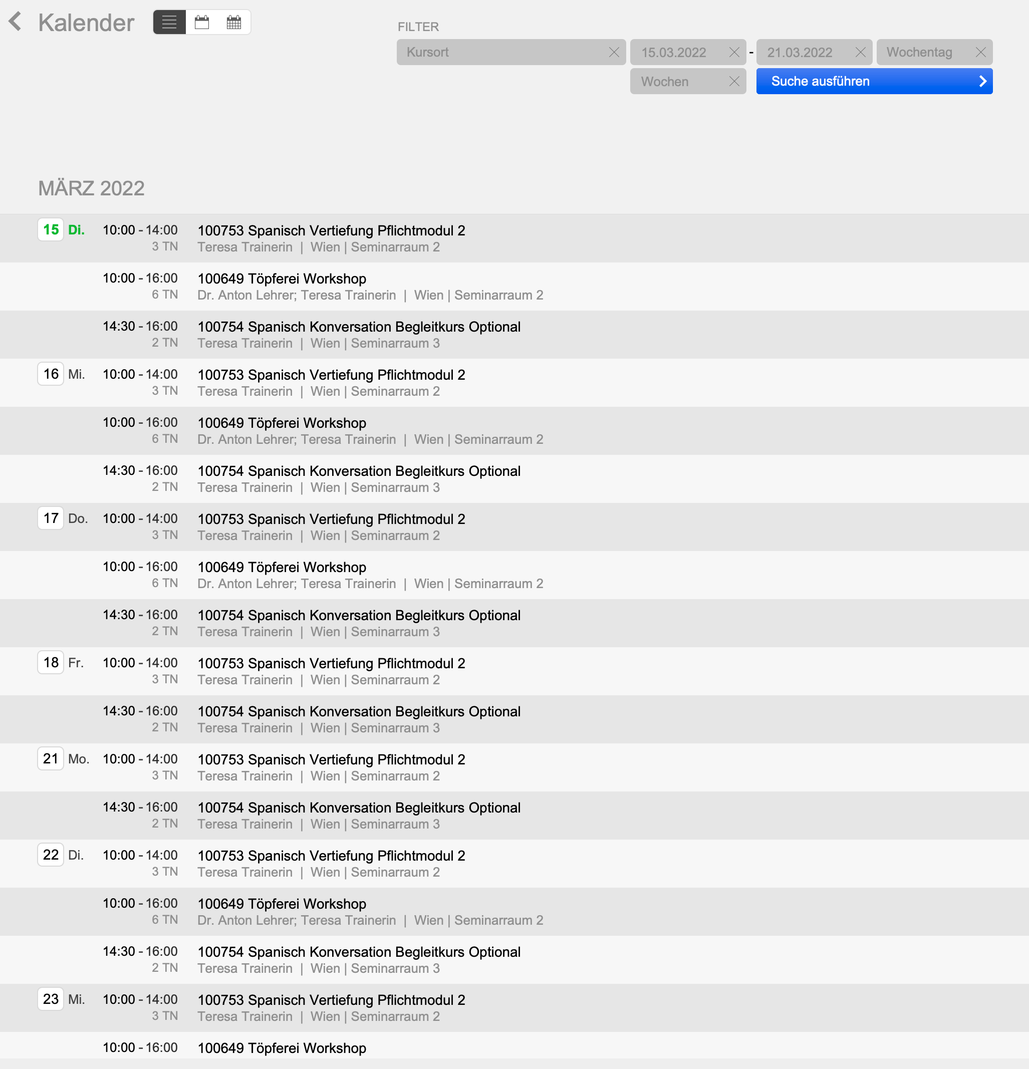 Marva screenshot: MARVA calendar