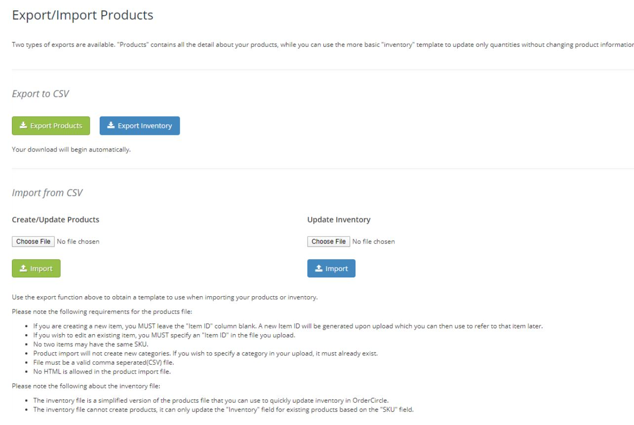 OrderCircle screenshot: OrderCircle export or import products