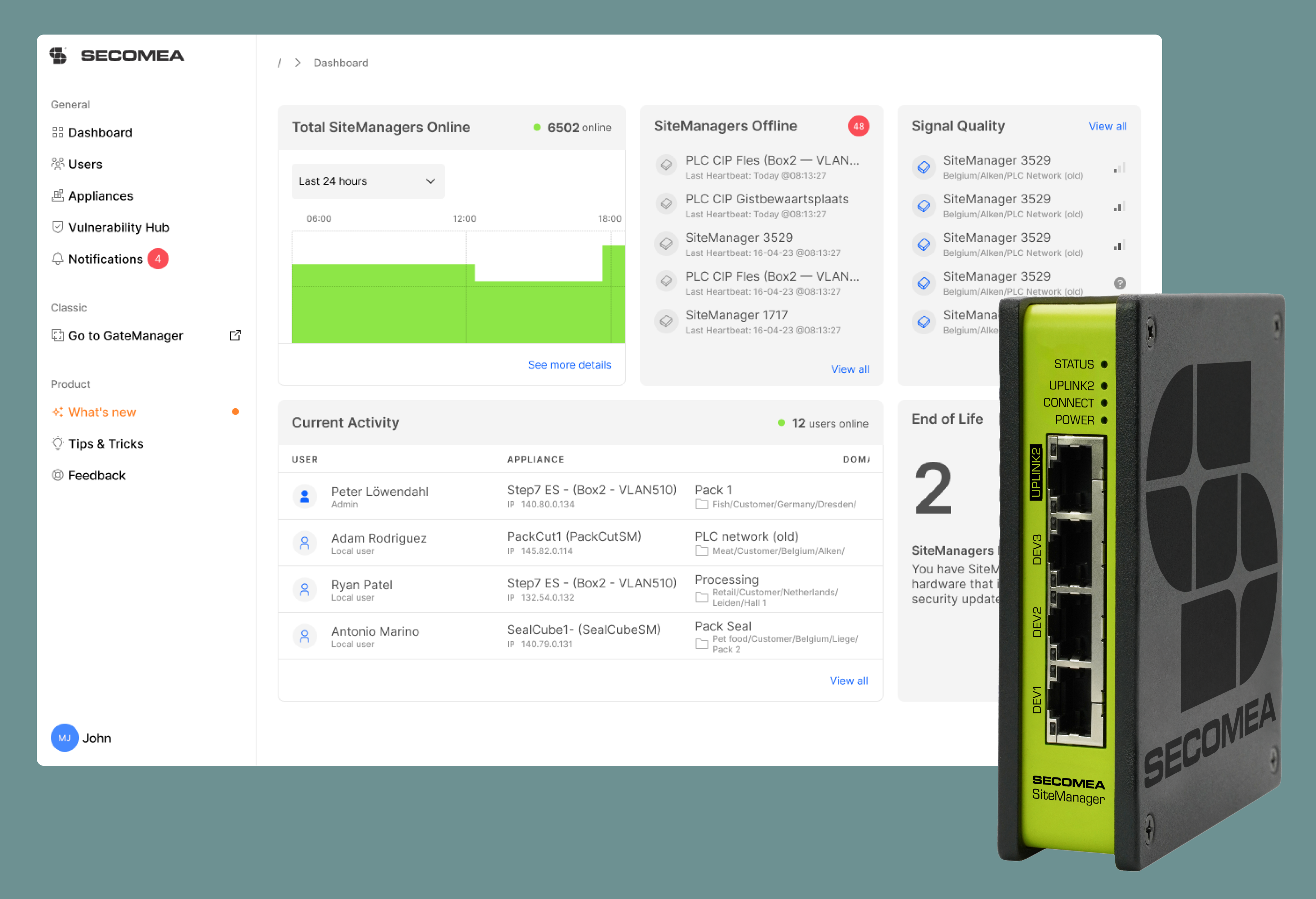 Secomea screenshot: Connect your OT assets with Secomea's IIoT gateway for secure remote access and data collection. 
Access, manage, and defend your operational environments via Secome Prime, an agentless platform based on a Zero-Trust architecture. 