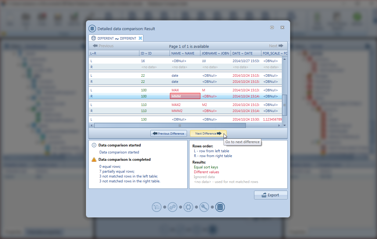 Database Compare Suite comparison results screenshot