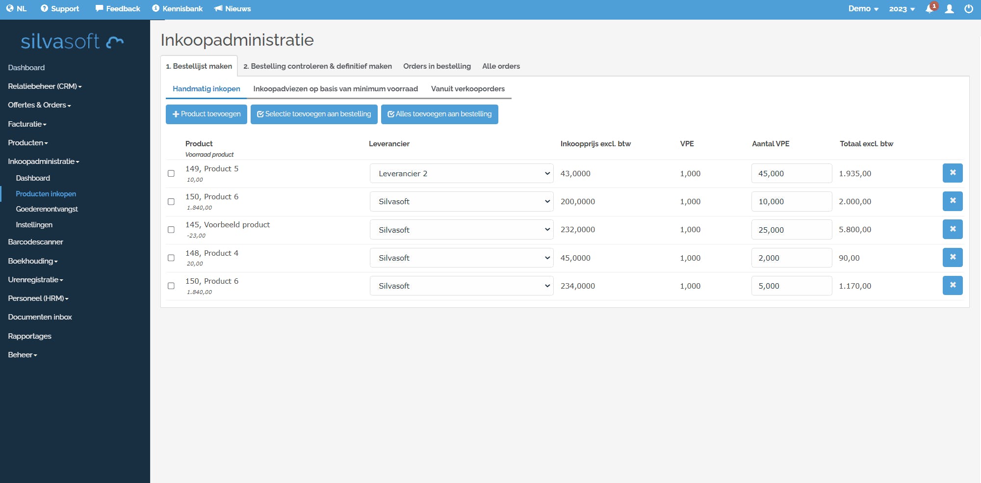 Silvasoft Software - Inkoopadministratie. Automatische inkoopadviezen en PDF inkooporders. Koppeling met leveranciers (CRM) en magazijnen intern.