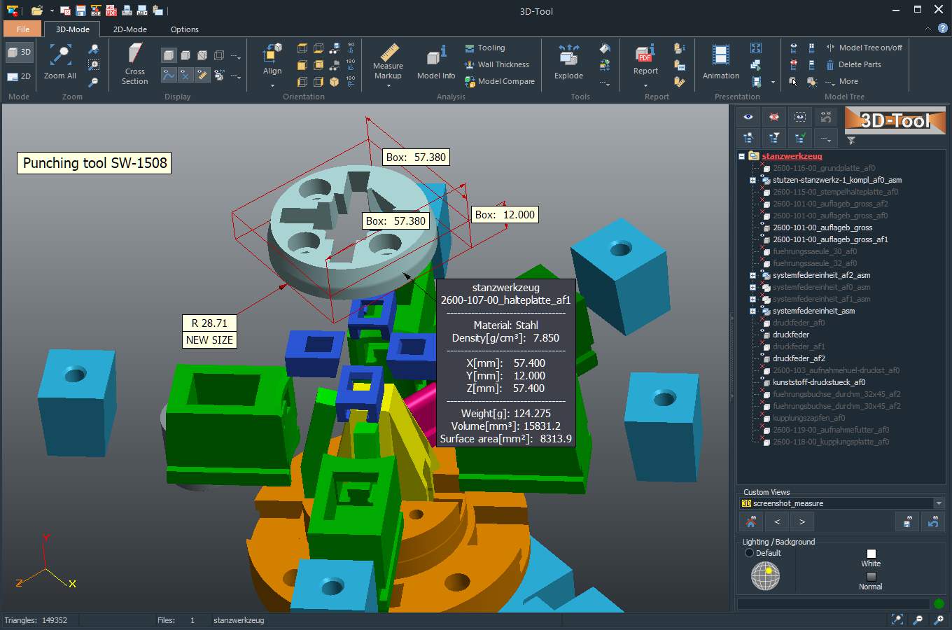 The 3D-Tool Viewer offers measuring tools for distances, angles, radii, wall thicknesses and free spaces. The viewer calculates the size of surfaces, cut surfaces, contour lengths, the center of mass as well as the minimum bounding box of parts.