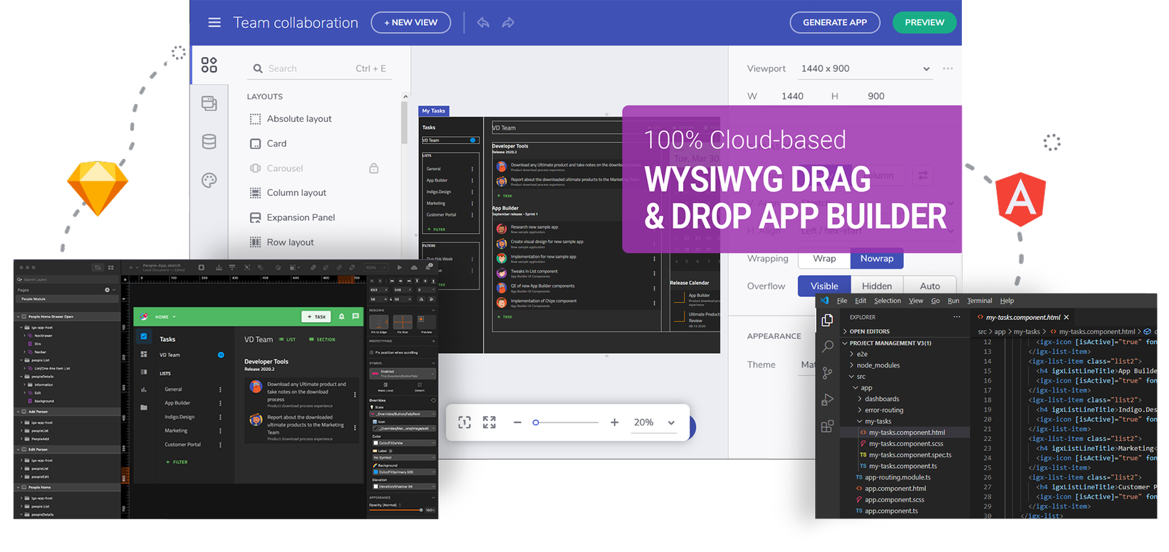 The Indigo.Design story: Flexible Design System with Sketch Import -> Prototyping & User Testing -> Angular Code Generation.