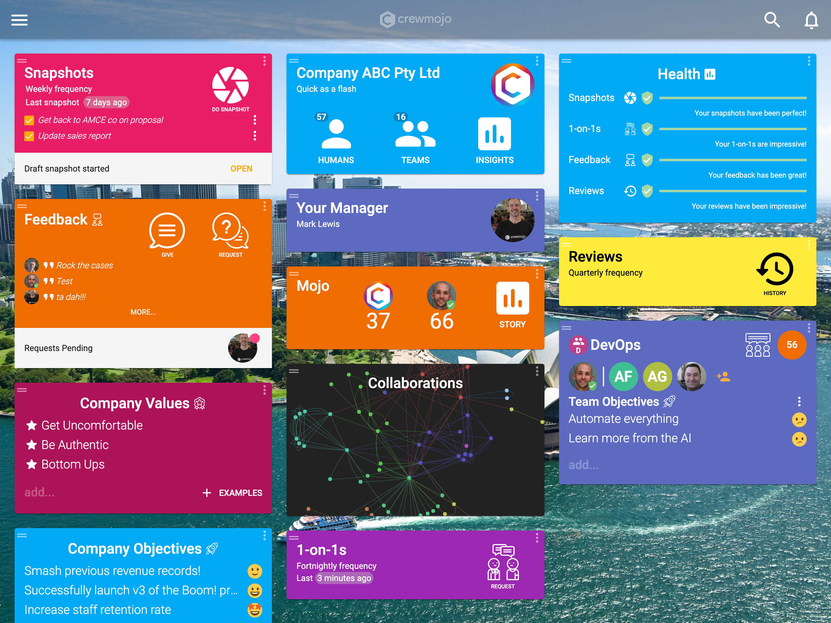 Crewmojo screenshot: Desktop dashboard with feature tiles. All the features are accessible through the dashboard. No clicking through menu trees. Everything you need to do is one click away!