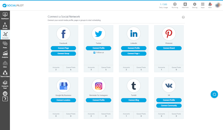 SocialPilot screenshot: Connect Accounts