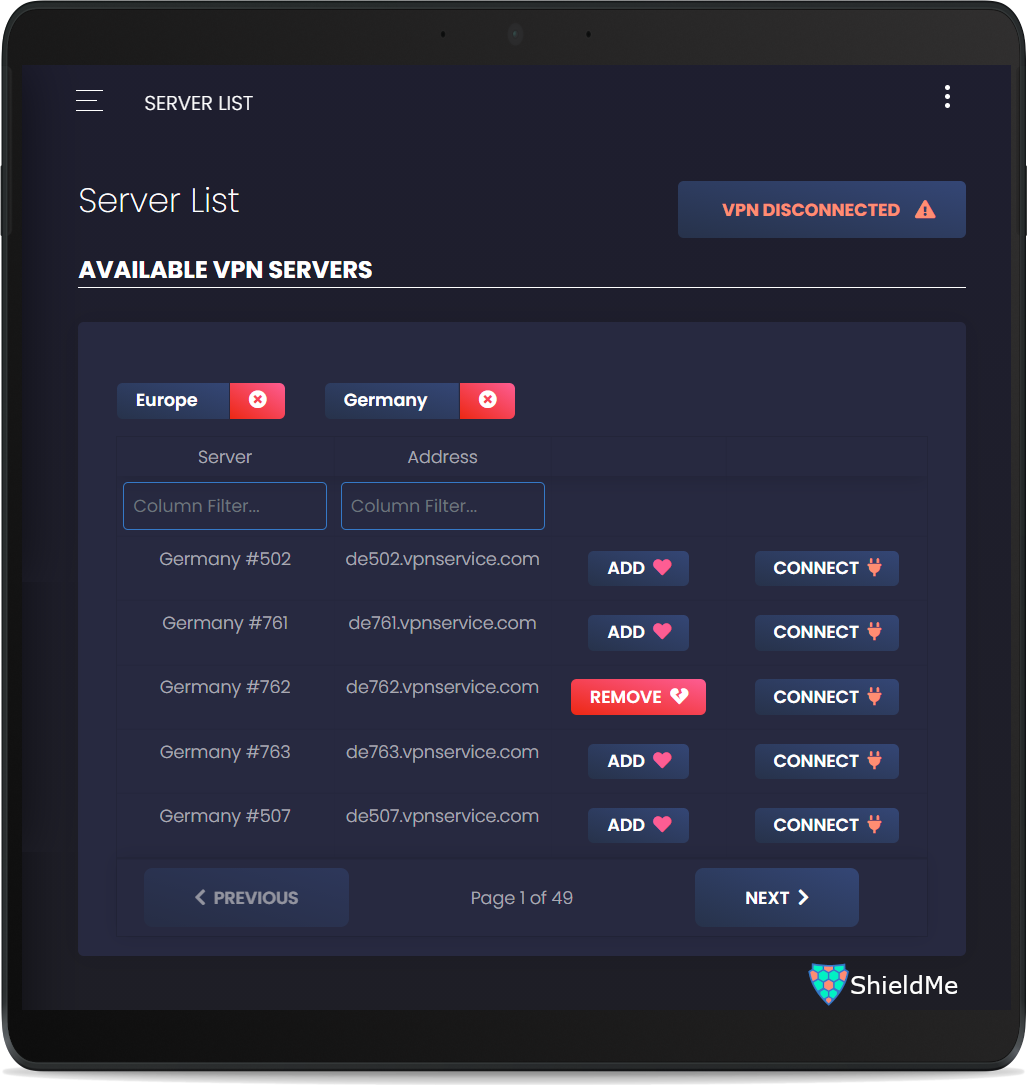 ShieldMe Software - ShieldMe Filterable VPN Server List