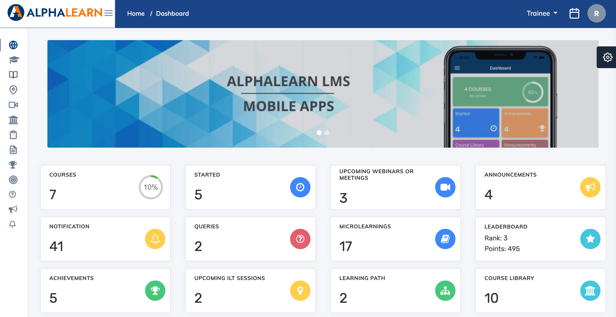 AlphaLearn screenshot: AlphaLearn view dashboard