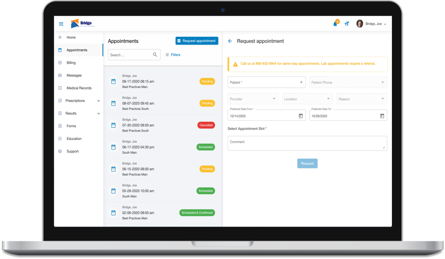 Bridge supports real-time, self-scheduling for most EHR/PM systems and accommodates custom workflows and complex decision trees