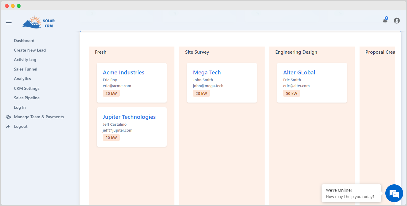 Solar CRM screenshot: Solar CRM lead management