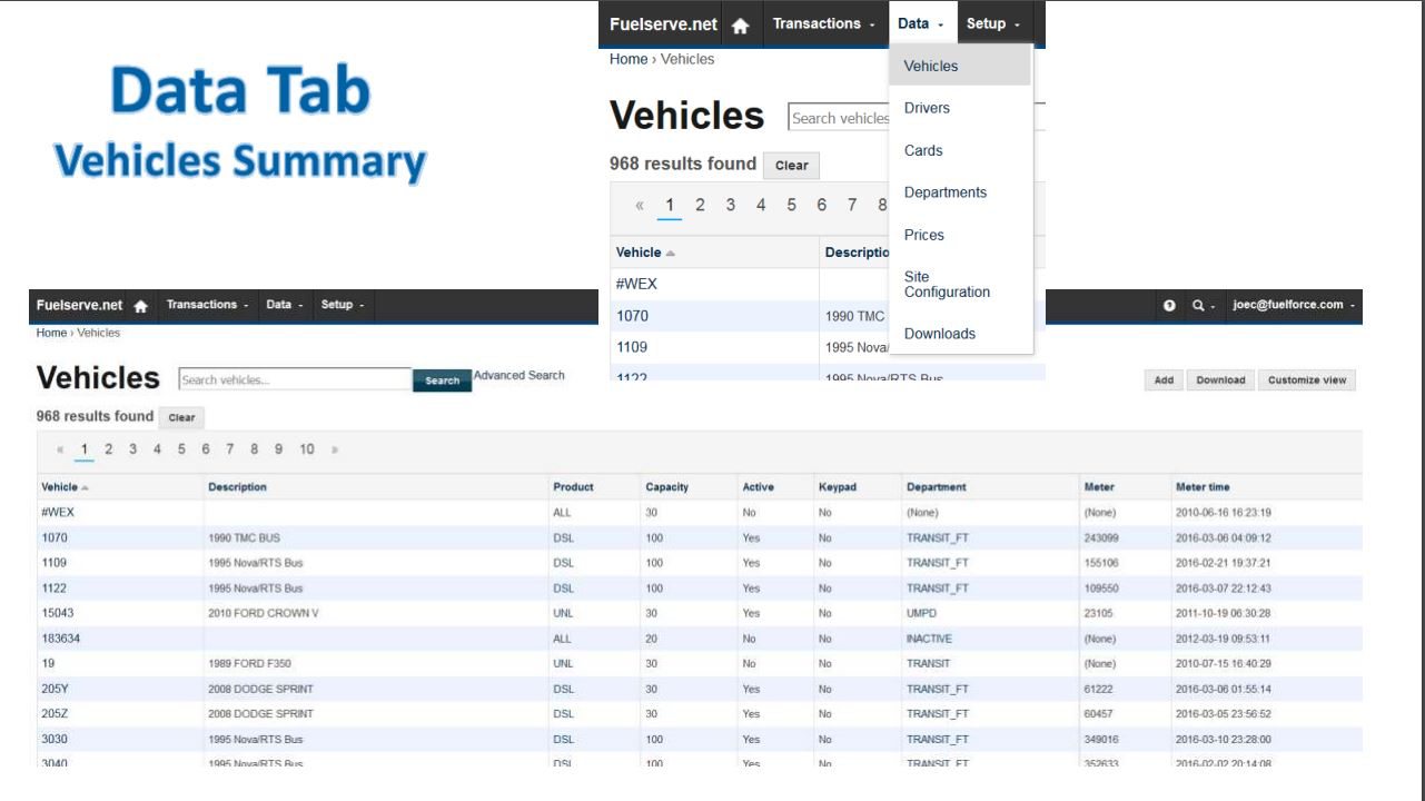 Data tab provides a summary list of vehicles