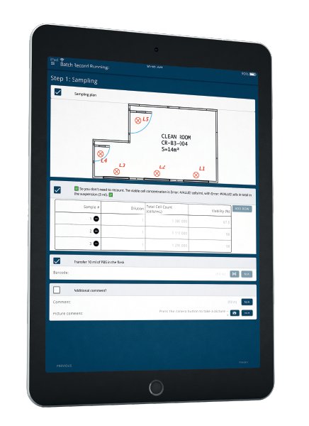 MyCellHub's mobile application allows lab and cleanroom operators to execute and record complex workflows.