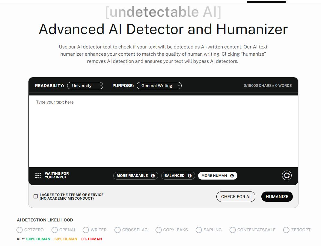 UNDETECTABLE AI screenshot: UNDETECTABLE AI humanizer and AI detector