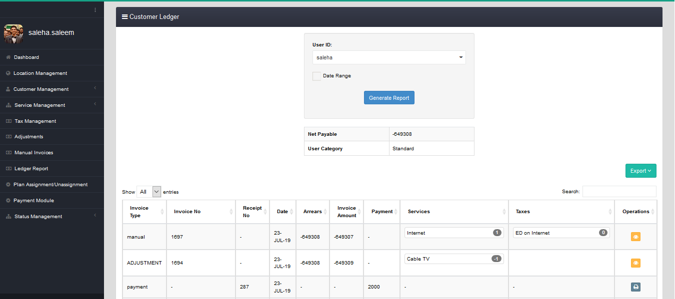 Telco Billing Solution Software - Telco Billing Solution customer ledger screenshot