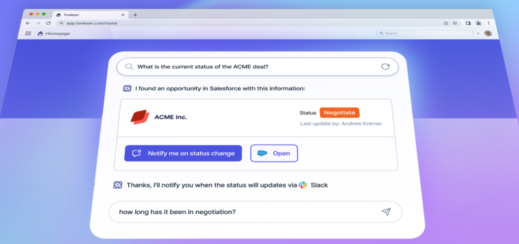 Tonkean screenshot: Tonkean's AI Front Door interprets plain language inquiries to answer questions, route requests to the proper processes, and even resolve routine requests autonomously.