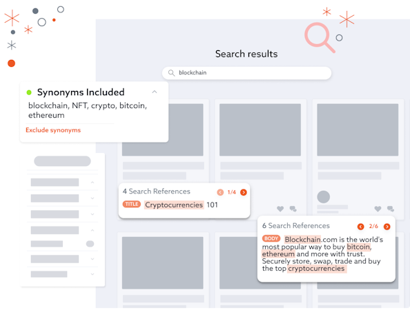 Bloomfire screenshot: Find the right content with an auto-tagging and deep indexing search engine. This includes spoken word in videos and synonyms.