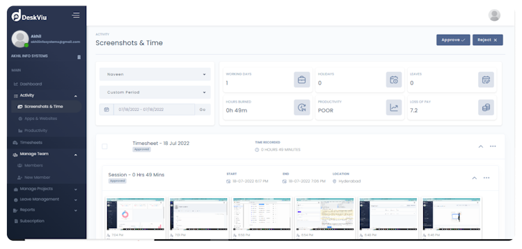 DeskViu screenshot: Productivity Monitoring - Activity Log with Computer Screenshots