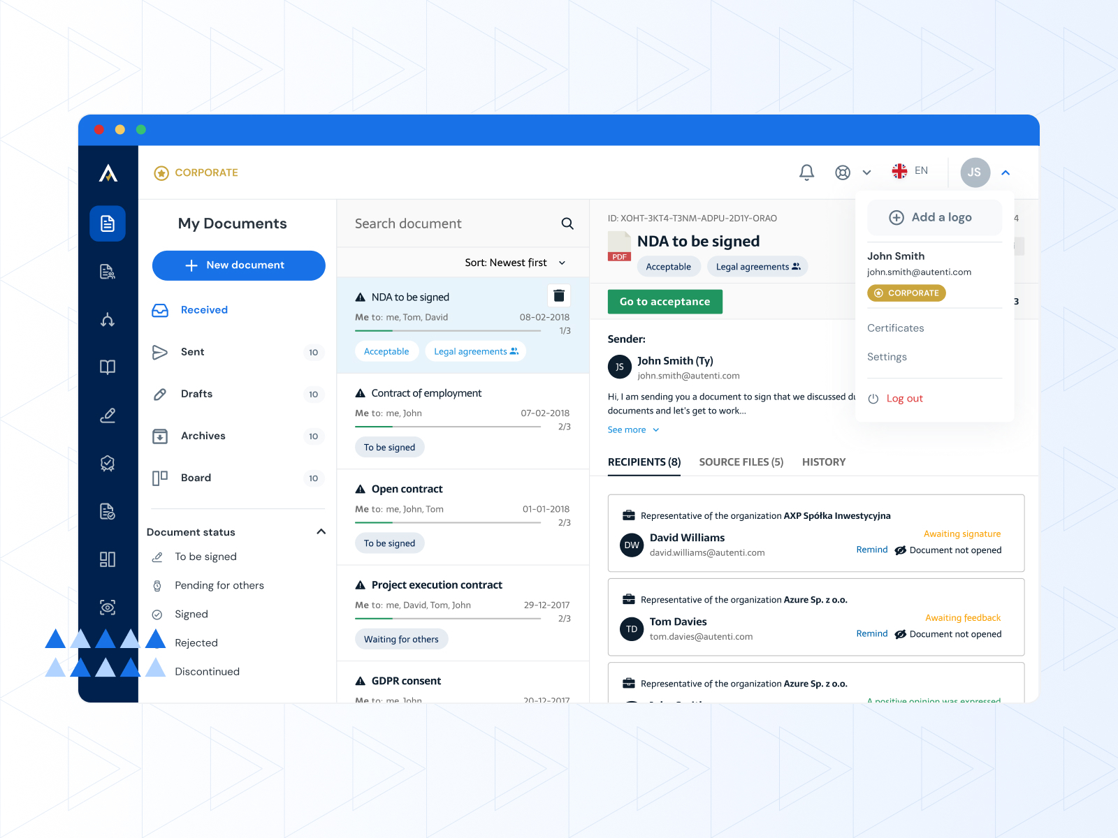 Autenti screenshot: Easily track the status of all your sent and signed documents. Know who has signed and who's next in line, all from a single dashboard.