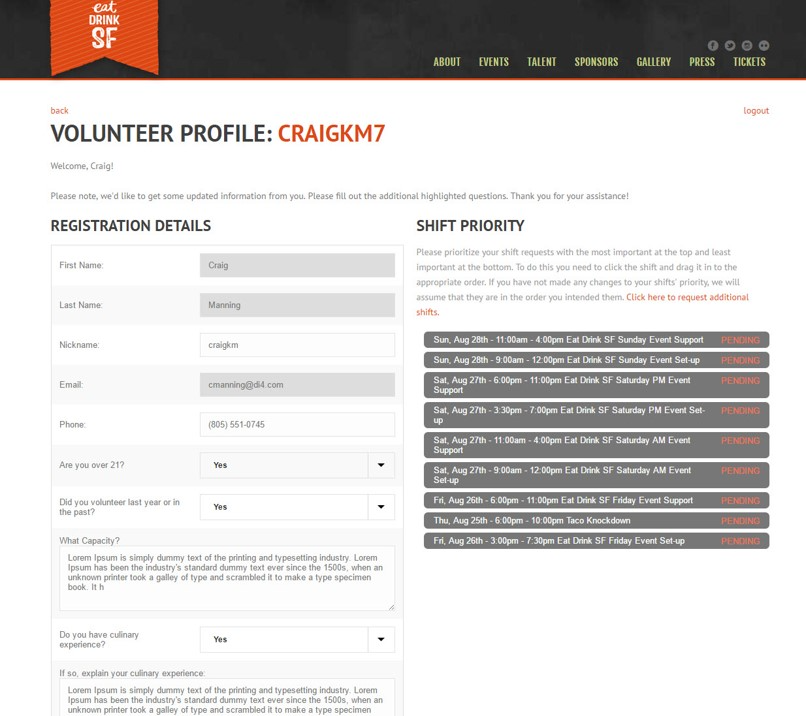 Volunteer profile page with editing capabilities.