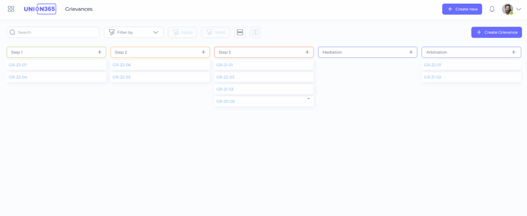Union365 screenshot: Union365 Grievance Dashboard