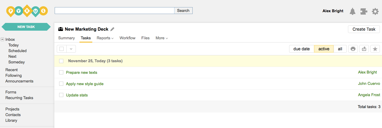 Pyrus tasks are assigned to projects and people, and are set a date