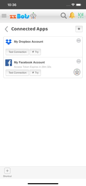zzBots connected applications screenshot