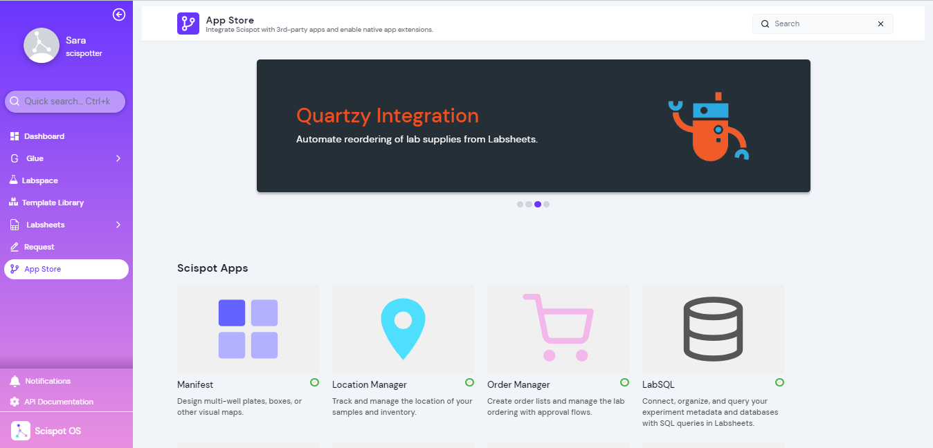 Connect to hundreds of integrations and extract data without querying the APIs yourself. Some of Scispot's most popular integrations include JupyterHub, Slack, R Studio, Quartzy, Google Drive, and more!