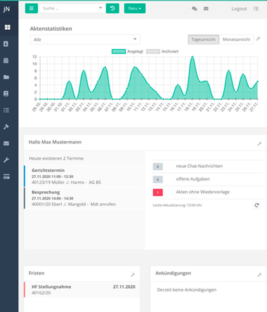 jur-nodes screenshot: jur|nodes Dashboard. Always keep track of pending appointments, deadlines, tasks and messages.