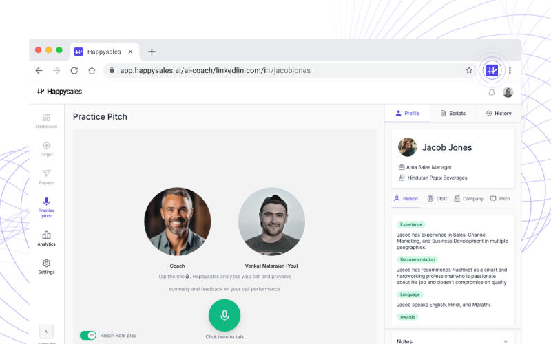 Happysales screenshot: Practice pitch with AI sales coach