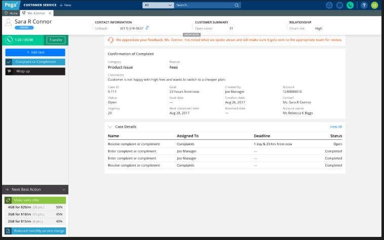 Pega Customer Service screenshot: Pega Customer Service customer complaint