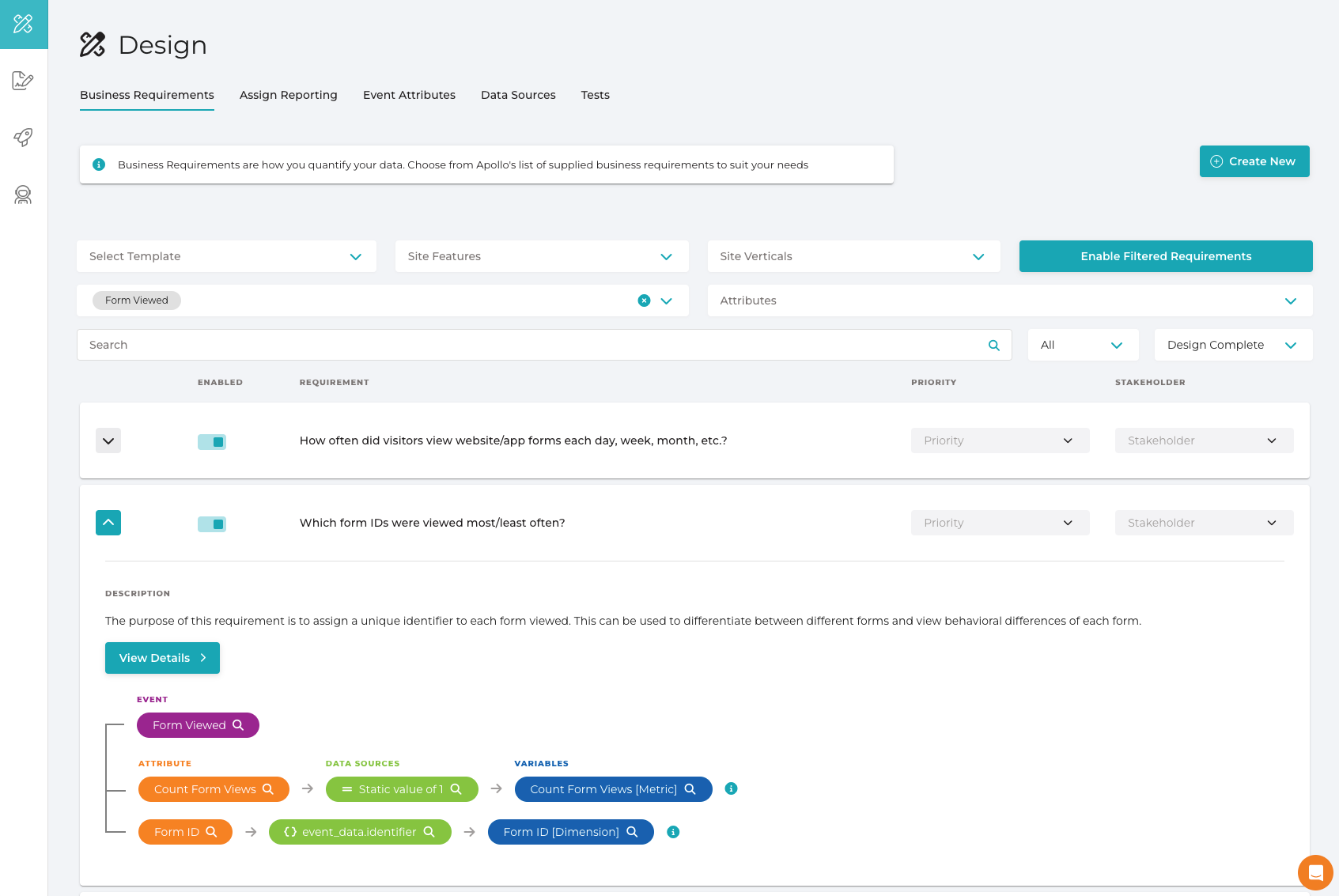 Apollo screenshot: Leverage built-in or customized Business Requirements to design your implementation. Business Requirements are associated with best practice solution designs, including data layer specification, analytics tag configuration, and reporting variable design.