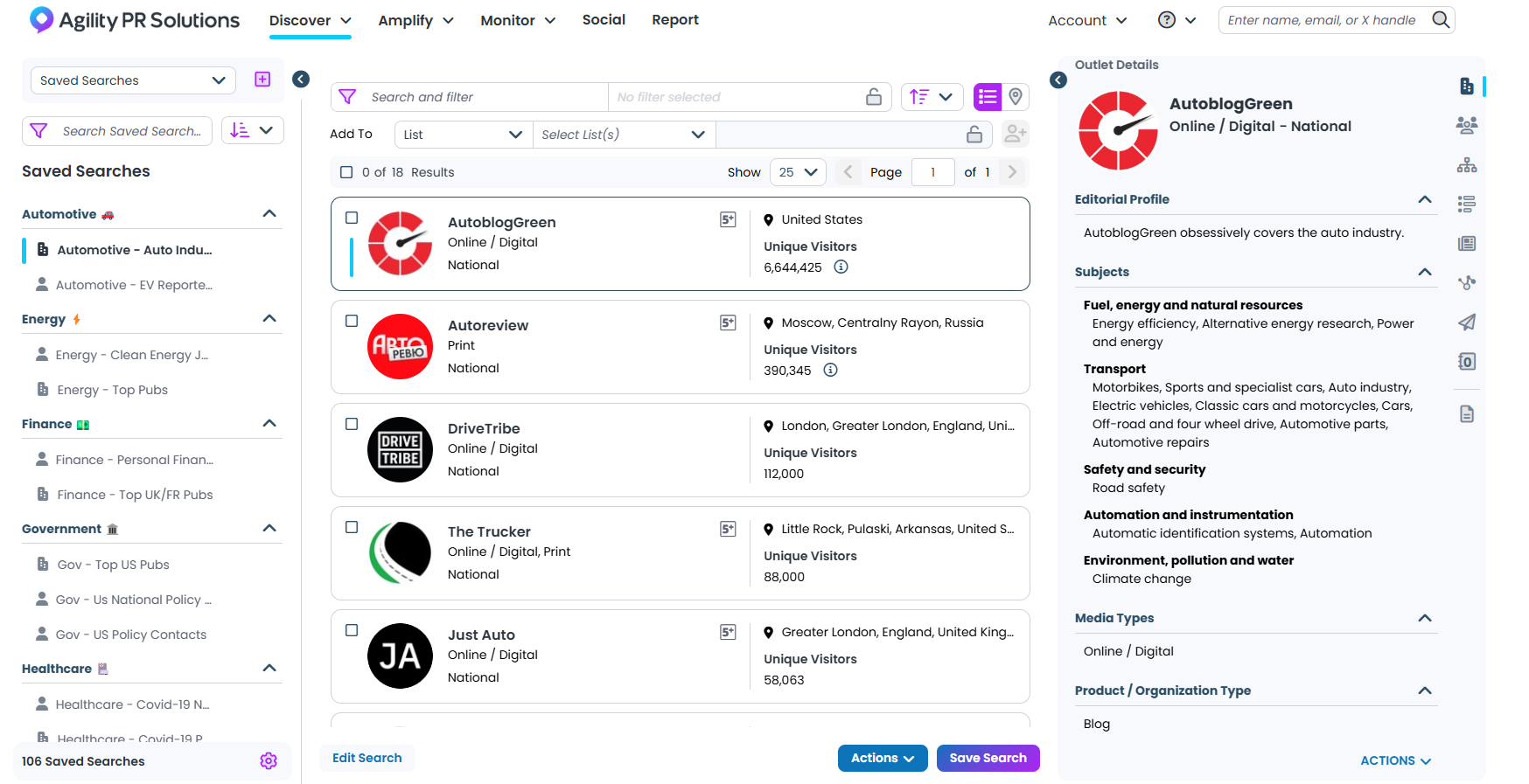Agility PR Solutions screenshot: Pinpoint relevant media contacts & outlets. Discover contacts & save searches with ease.